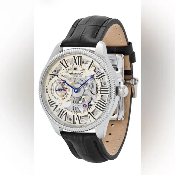 Black Leather Stainless Steel Men’s Skeleton Watch Ingersoll Arizona Manual Wind - Picture 2 of 2